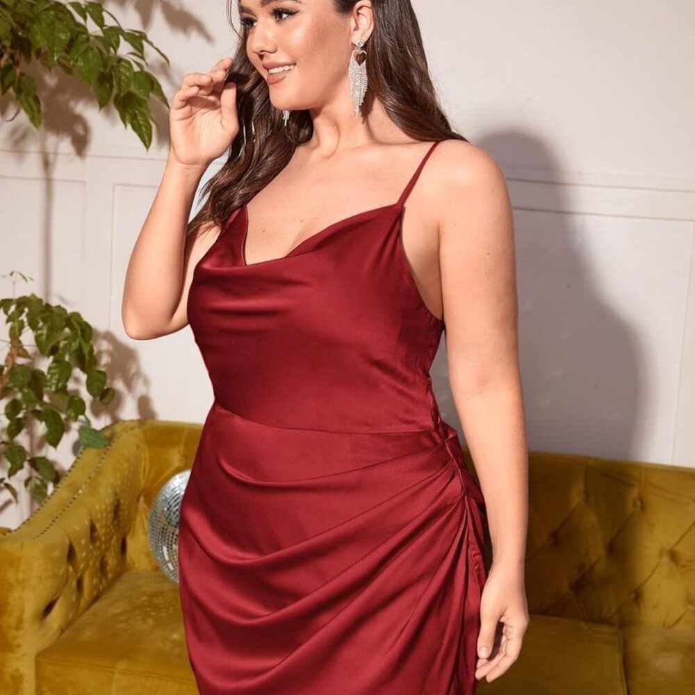 Lyaner Red Satin Cowl Neck Ruched Side Slit‎ Cami Midi Dress Medium